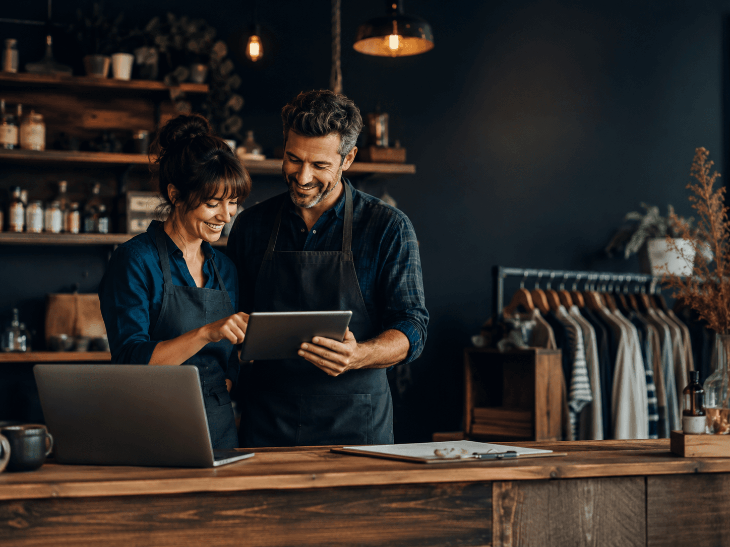 Two small business owners reviewing their business on a tablet